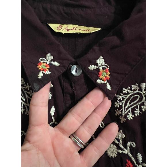 April Cornell tunic blouse Large embroidery brown fall Cottagecore boho Vintage - Picture 2 of 13